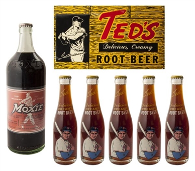 Lot of (6) Ted Williams Moxie Bottles and Sign